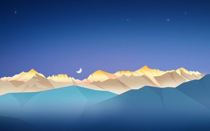 Minimalist mountain landscape at night with moon and stars