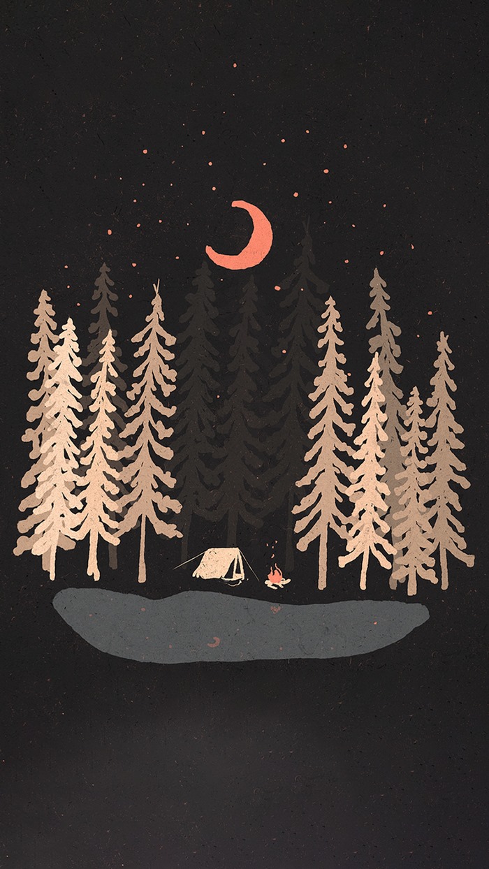 Night camping scene with moon and stars