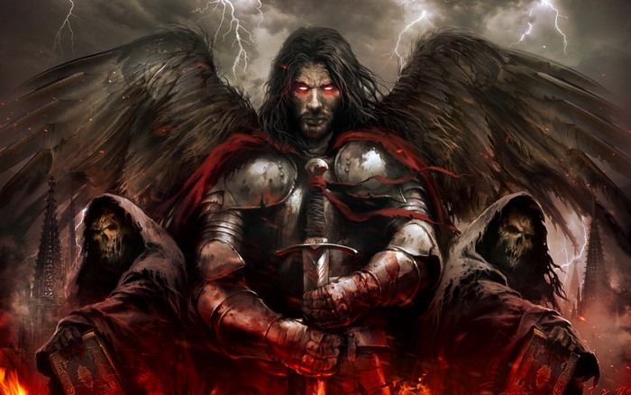 Angel warrior with scythes and sword in front of gothic towers