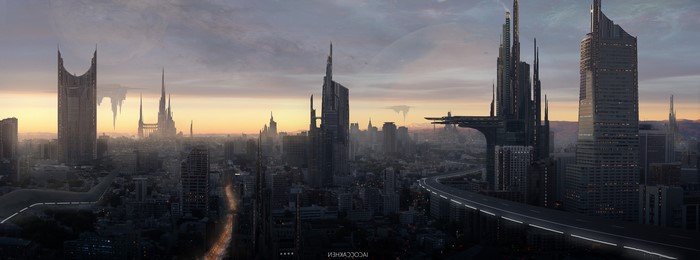 Futuristic city skyline at sunset with flying vehicles