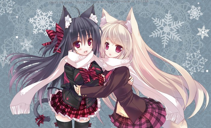 Two anime girls with cat ears in winter attire
