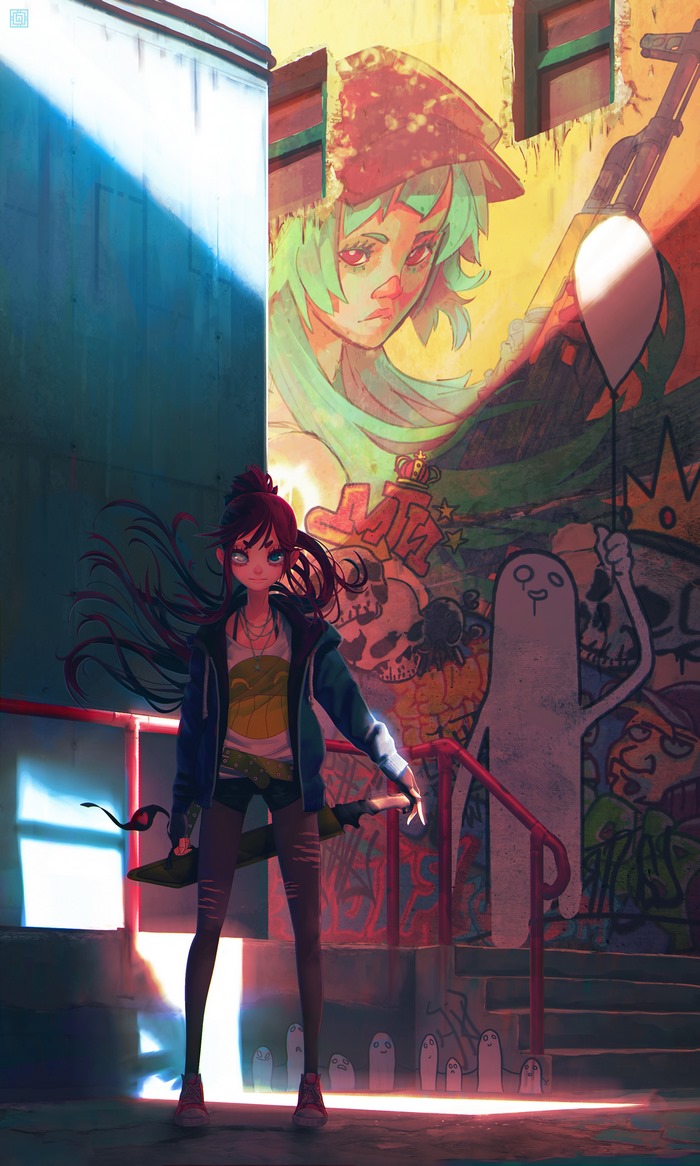Girl with sword in front of graffiti wall