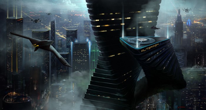 Futuristic cityscape with drones and a futuristic aircraft