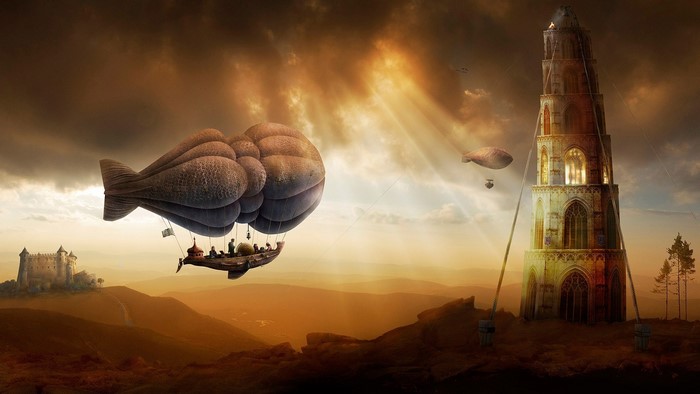 Steampunk airships flying over a fantasy landscape with a castle and tower