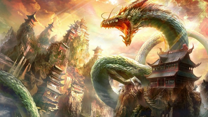 Dragon over Chinese architecture on mountains