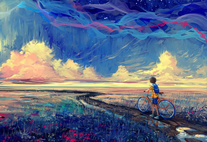 Boy with bicycle in fantasy landscape
