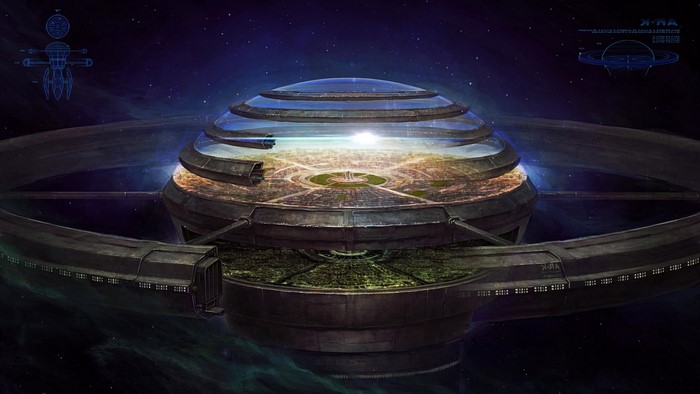 Futuristic space station with city and blueprints