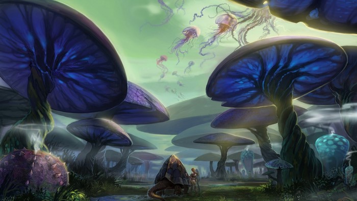 Fantasy art of giant mushrooms and jellyfish