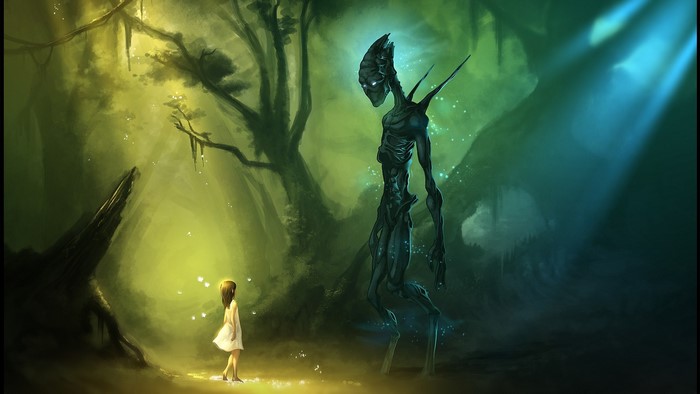 Girl and alien in a mystical forest