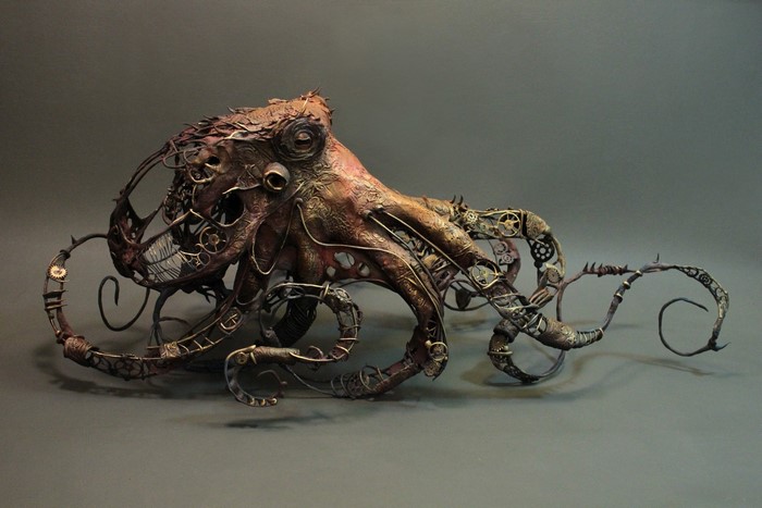 Steampunk octopus sculpture with gears