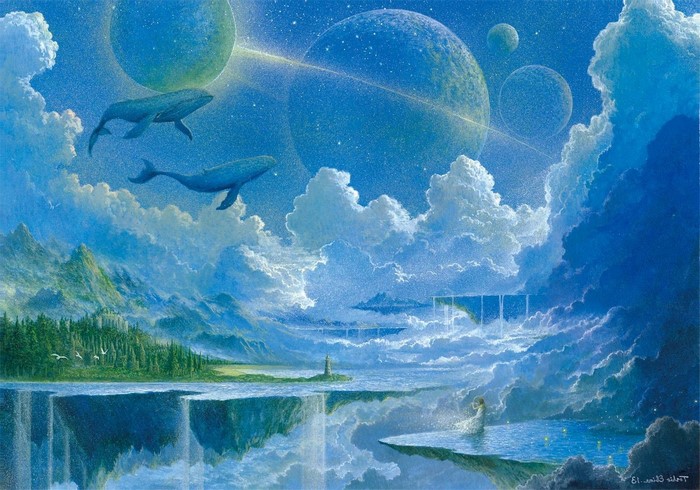 Fantasy art of whales, planets, and floating islands