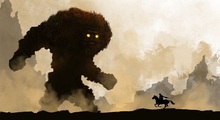 Giant creature and warrior on horseback from Shadow of the Colossus