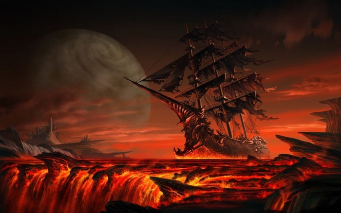 Fantasy ship sailing on lava sea under a large planet