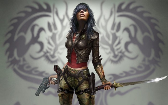 Woman warrior with sword and gun