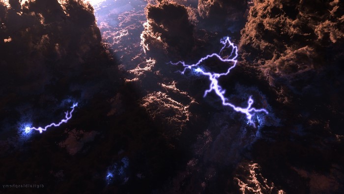Digital art of lightning striking through dark clouds