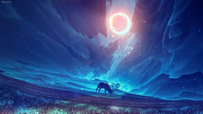 Fantasy deer under a ringed celestial body