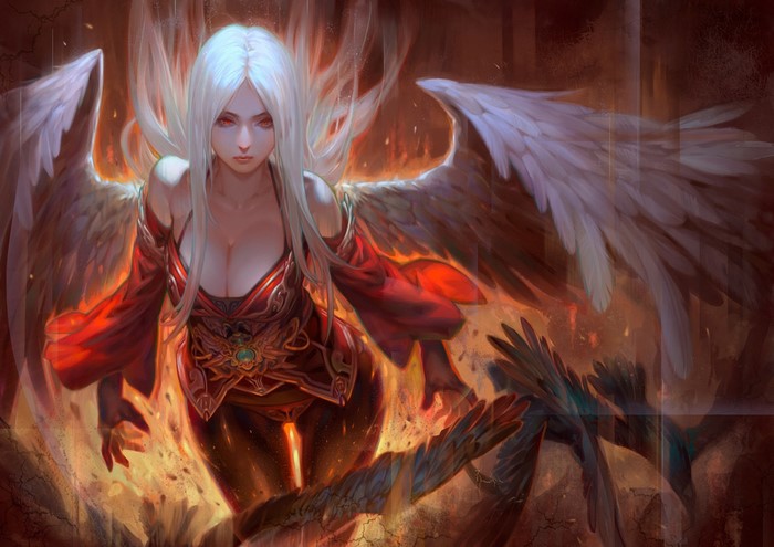 Fantasy art of an angel with white hair and wings