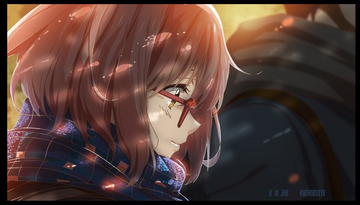 Mirai Kuriyama from Kyoukai no Kanata wearing a scarf and glasses