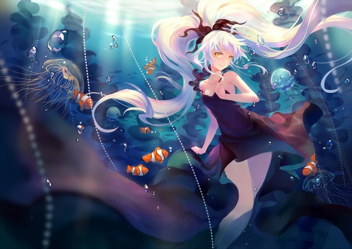 Anime girl with white hair underwater with fish and jellyfish