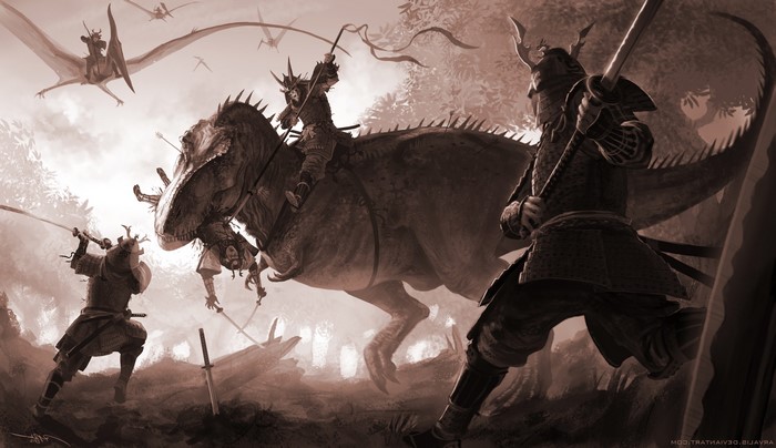 Samurai riding T-Rex fighting dinosaurs and pterodactyls