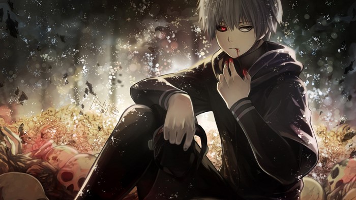 Ken Kaneki from Tokyo Ghoul sitting on skulls