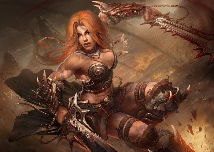 Fantasy barbarian woman with swords in battle