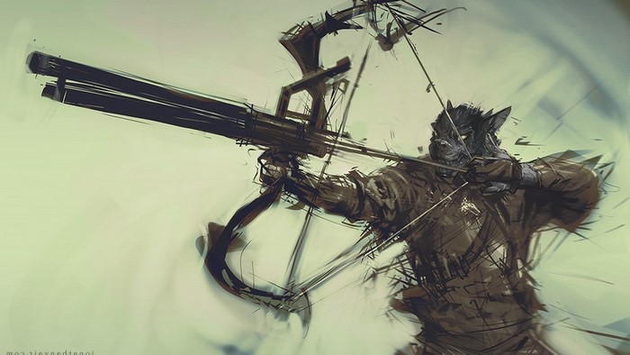 Anthropomorphic wolf archer with a large bow