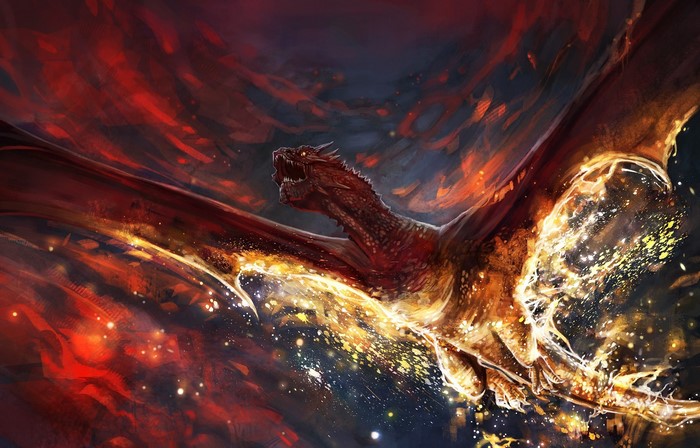 Dragon breathing fire in a fantasy setting