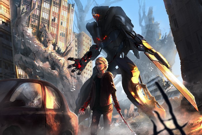 Girl with Mech and Monster in Ruined City