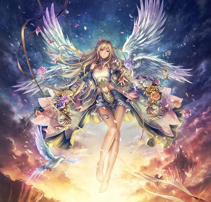 Fantasy art of an angel with wings and flowers