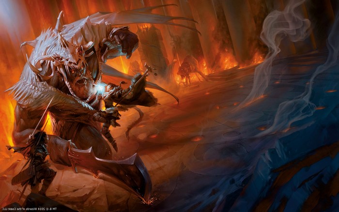 Dungeons and Dragons artwork of a battle in a fiery cavern