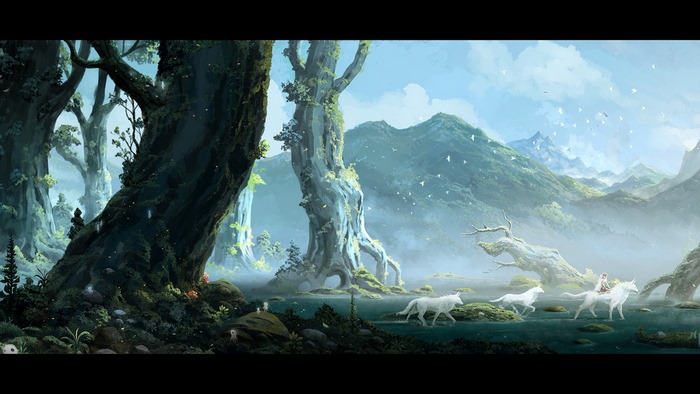 Princess Mononoke San riding a white wolf through a mystical forest