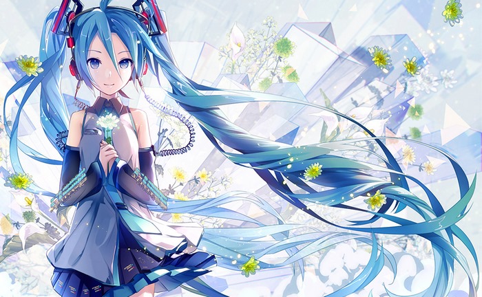 Hatsune Miku with flowers and geometric background