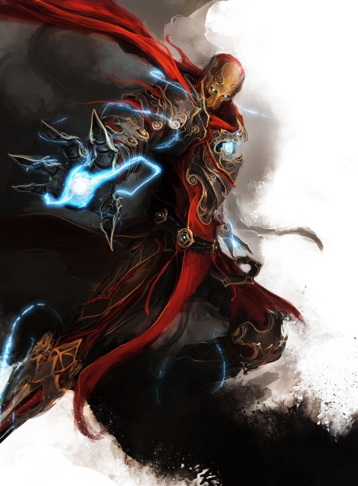 Fantasy art of a warrior with red cape and armor