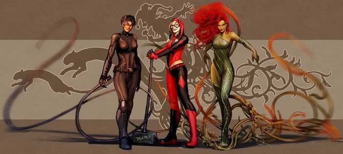 Catwoman, Harley Quinn, and Poison Ivy by Nebelzial