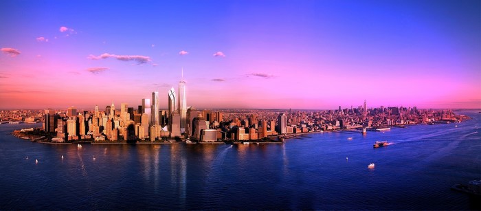 New York City skyline at sunset over the river