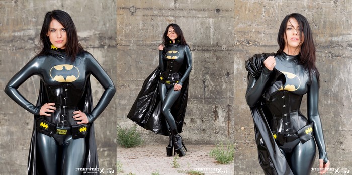 Woman in Batman latex costume