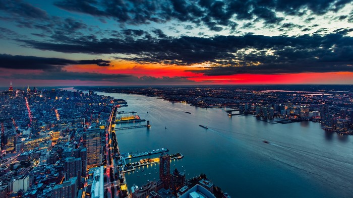 New York City skyline at sunset over the Hudson River