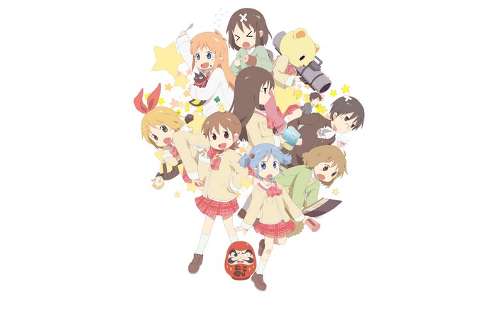 Nichijou characters with stars and a Daruma doll