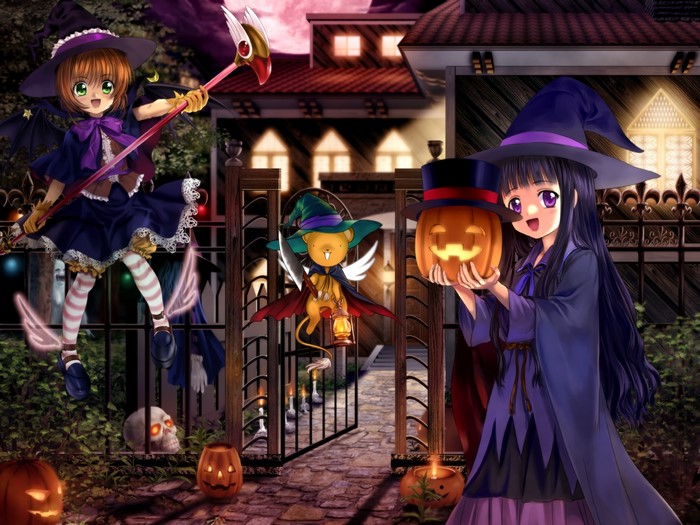 Anime girls in Halloween costumes with pumpkins