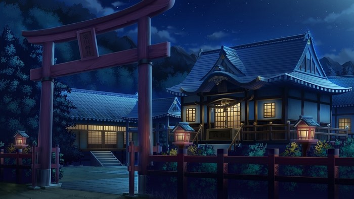 Serene Night at Traditional Japanese House with Torii Gate