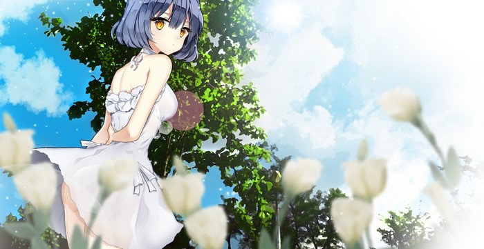 Anime girl with blue hair in a white dress