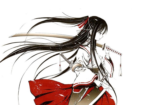 Anime girl with swords in traditional Japanese attire