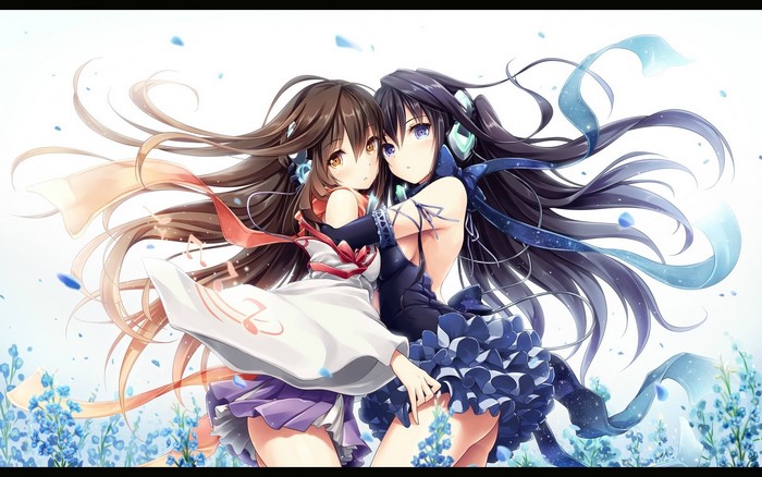 Two anime girls with long hair embracing