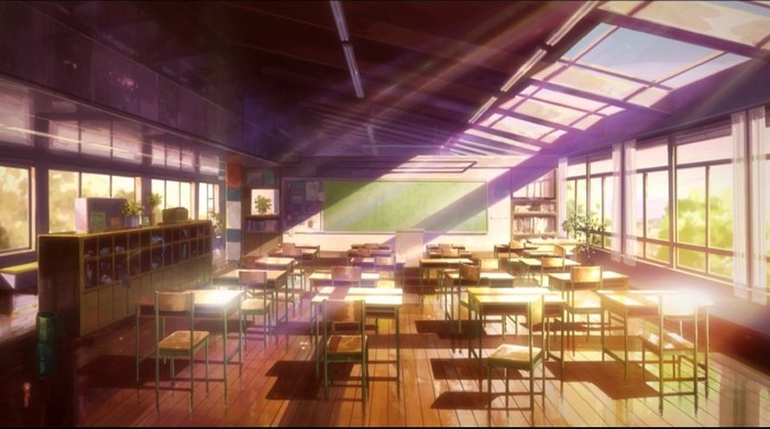 Classroom interior with desks and sunlight