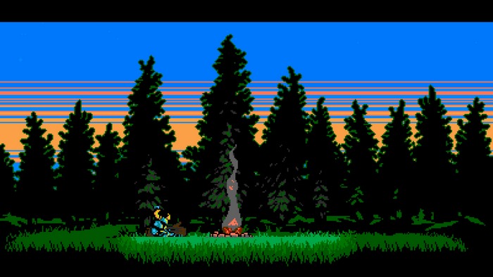 Shovel Knight camping by a campfire in a forest