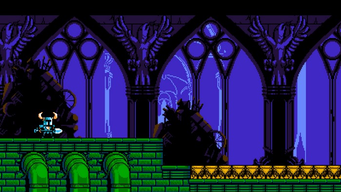 Shovel Knight in a dark gothic castle