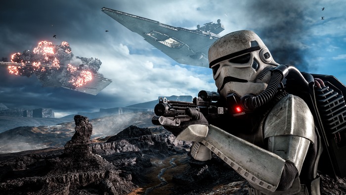 Stormtrooper from Star Wars Battlefront with Star Destroyer in battle