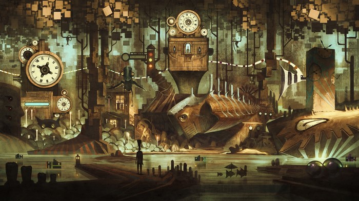 Steampunk digital art with clocks and mechanical structures