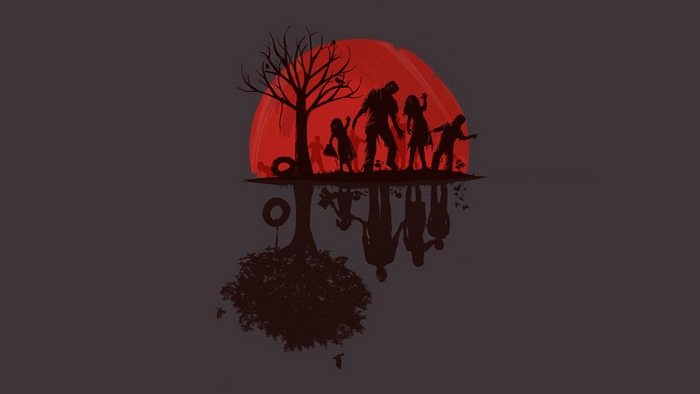 Zombies and children silhouetted against a red sun